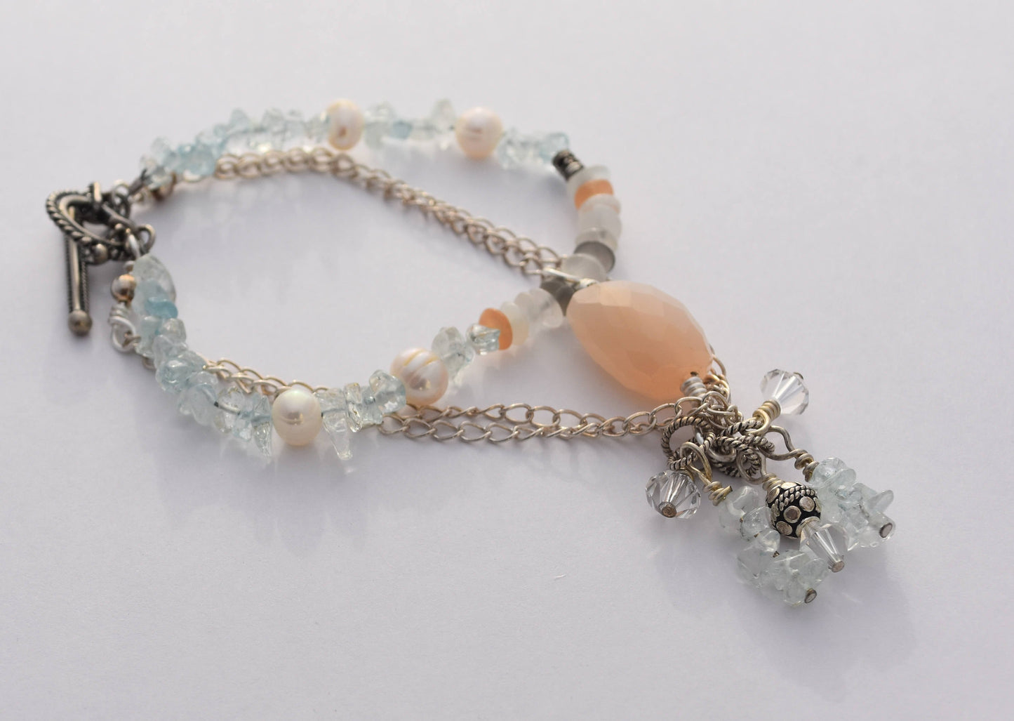 Aquamarine Chain Bracelet, Peach Moonstone, Swarovski Crystals, Sterling Silver, Freshwater Pearl, Beaded 7"