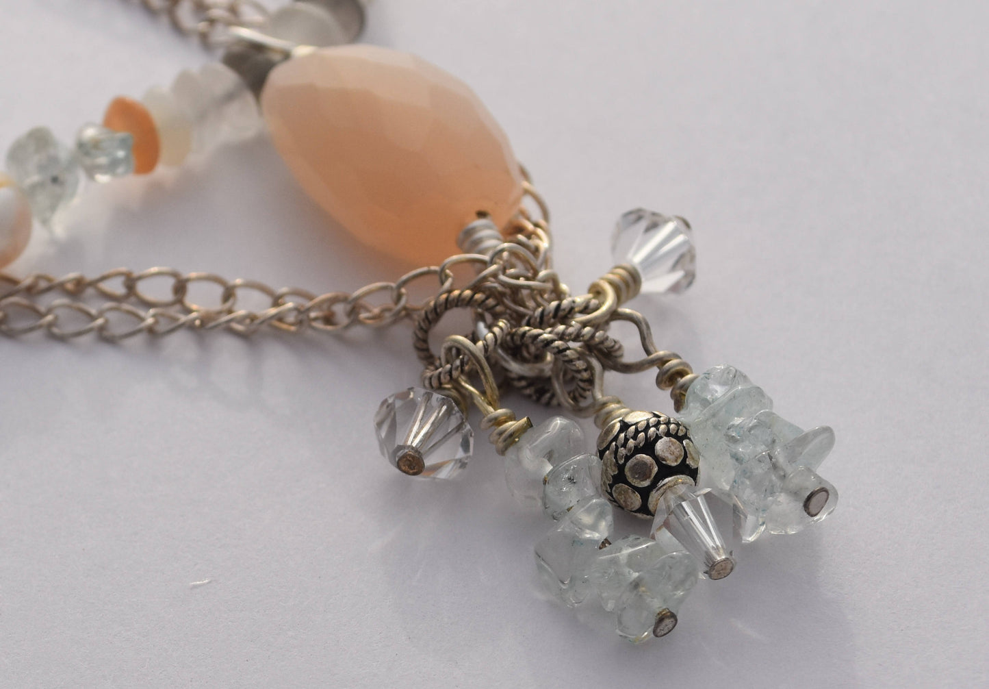Aquamarine Chain Bracelet, Peach Moonstone, Swarovski Crystals, Sterling Silver, Freshwater Pearl, Beaded 7"