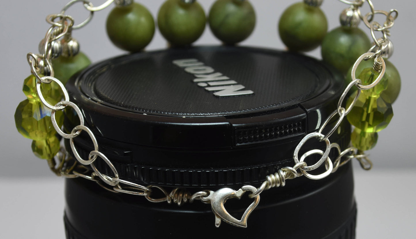 Olivine Gemstone Bracelet, Green Crystal Beads, One of A Kind Jewelry, Sterling Silver Chain, 7"