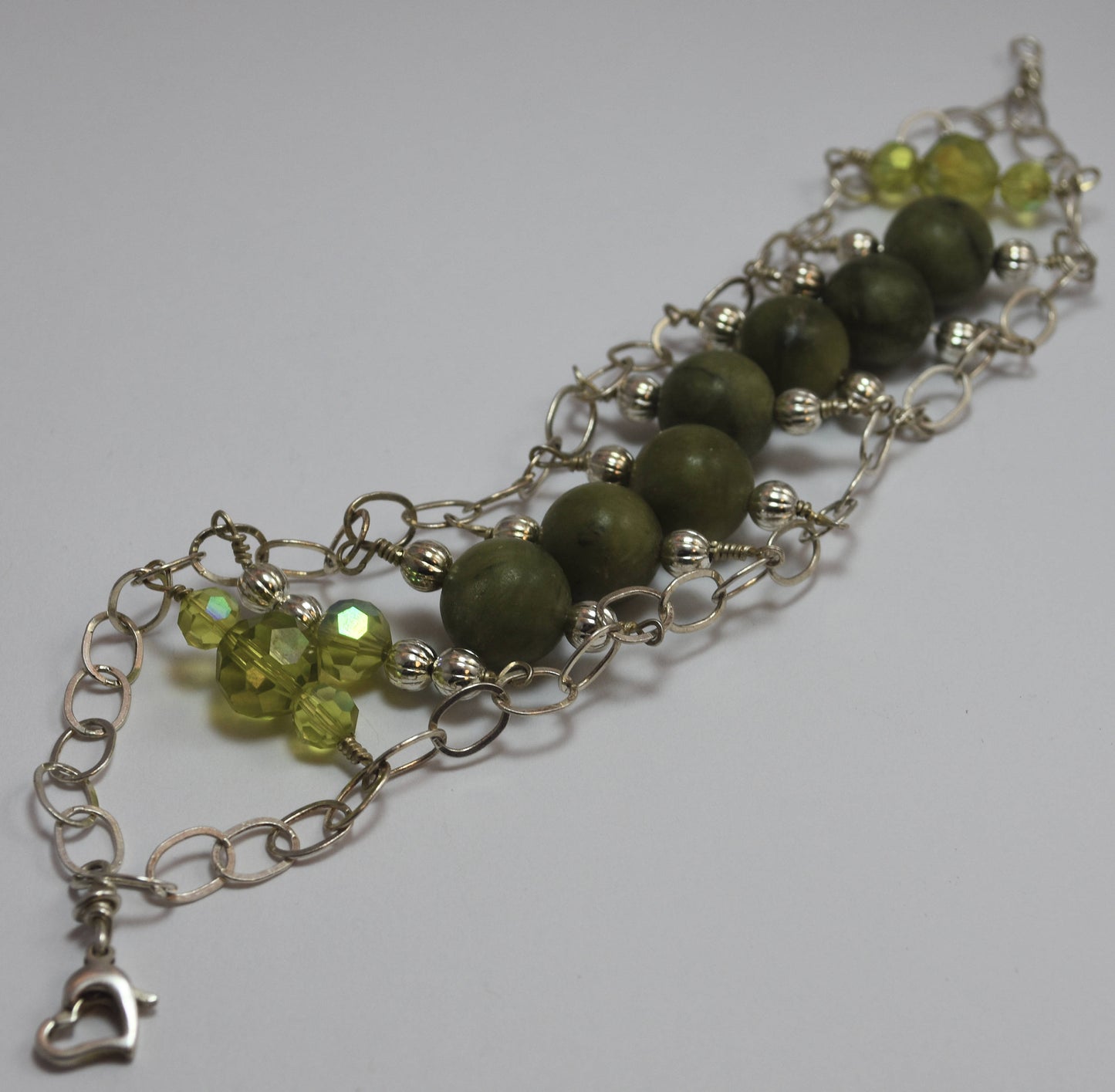 Olivine Gemstone Bracelet, Green Crystal Beads, One of A Kind Jewelry, Sterling Silver Chain, 7"