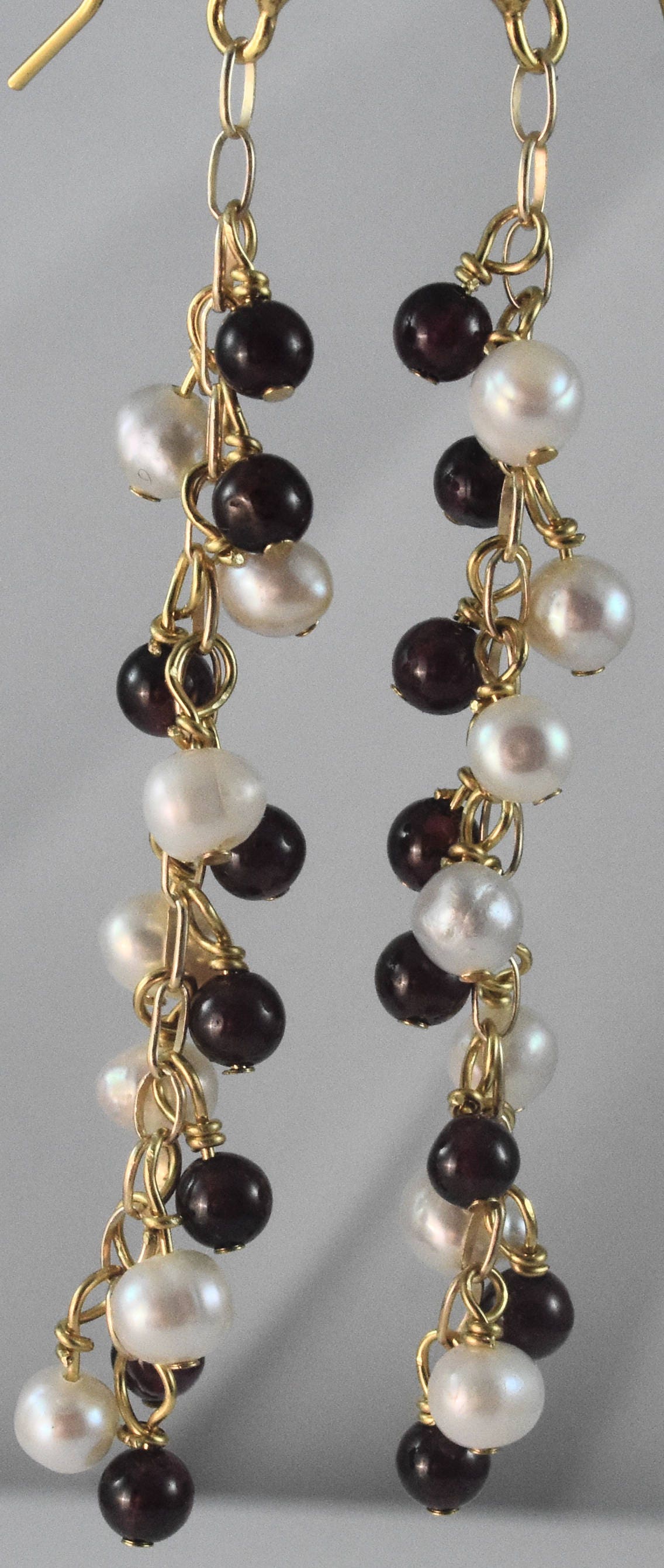 Pearl and Garnet Chain Earrings, GF Ear Wires, 2" dangles