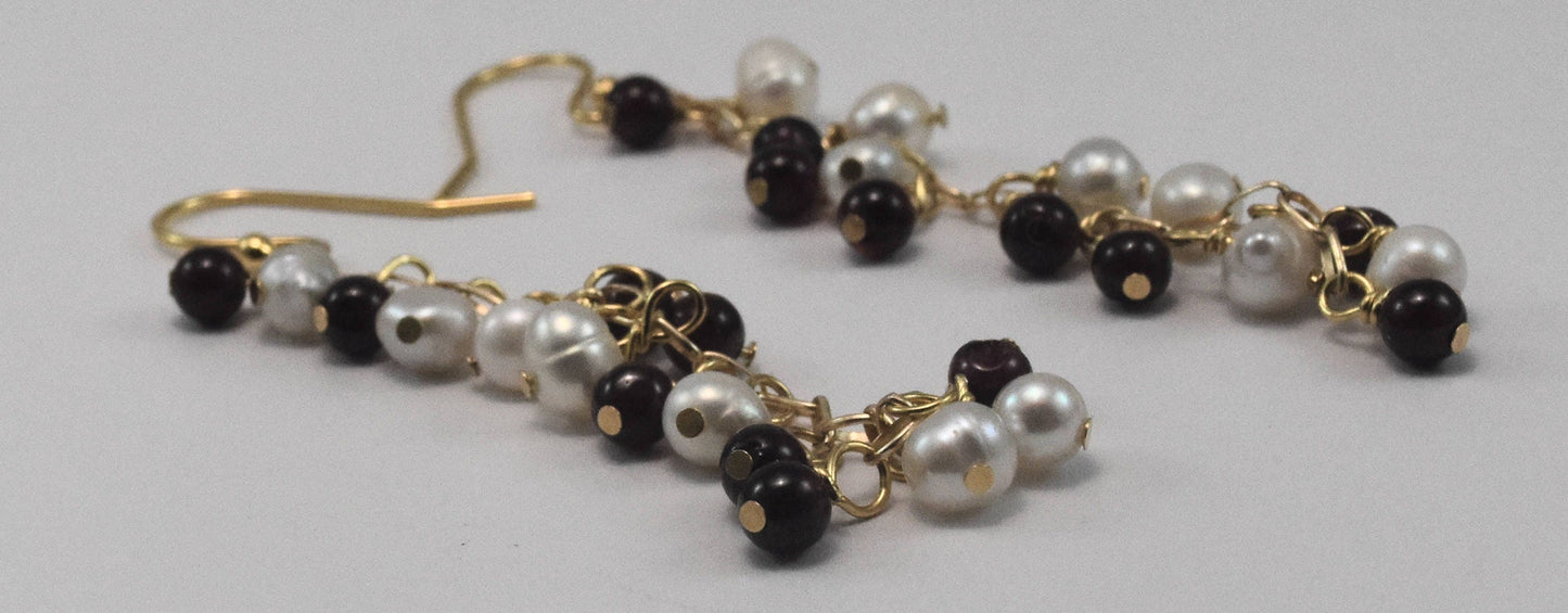 Pearl and Garnet Chain Earrings, GF Ear Wires, 2" dangles