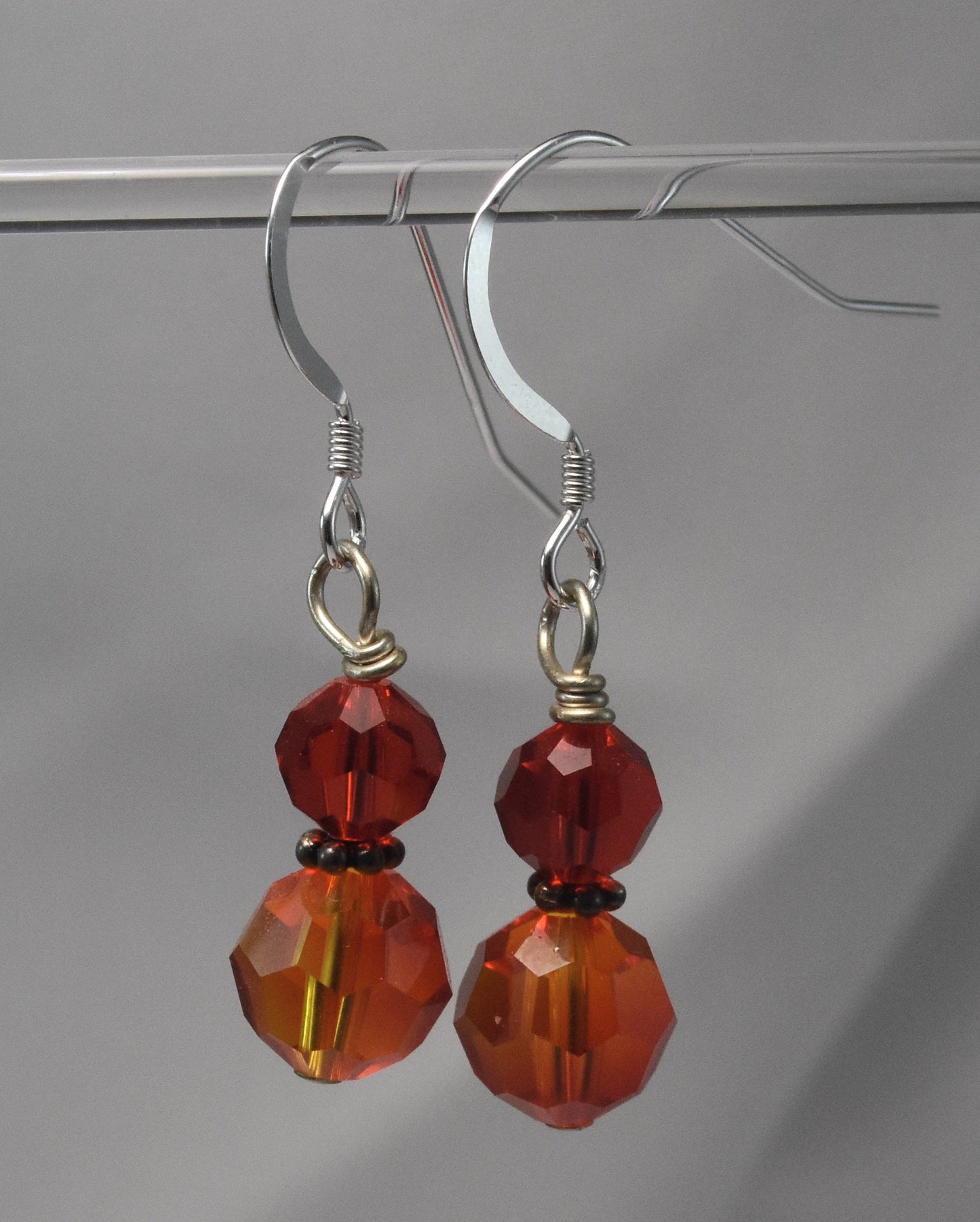 Fire Opal Crystal Earrings, Red and Orange, Crystal Beads, Sterling Silver, Dainty, Dangles, Handmade, 3/4"