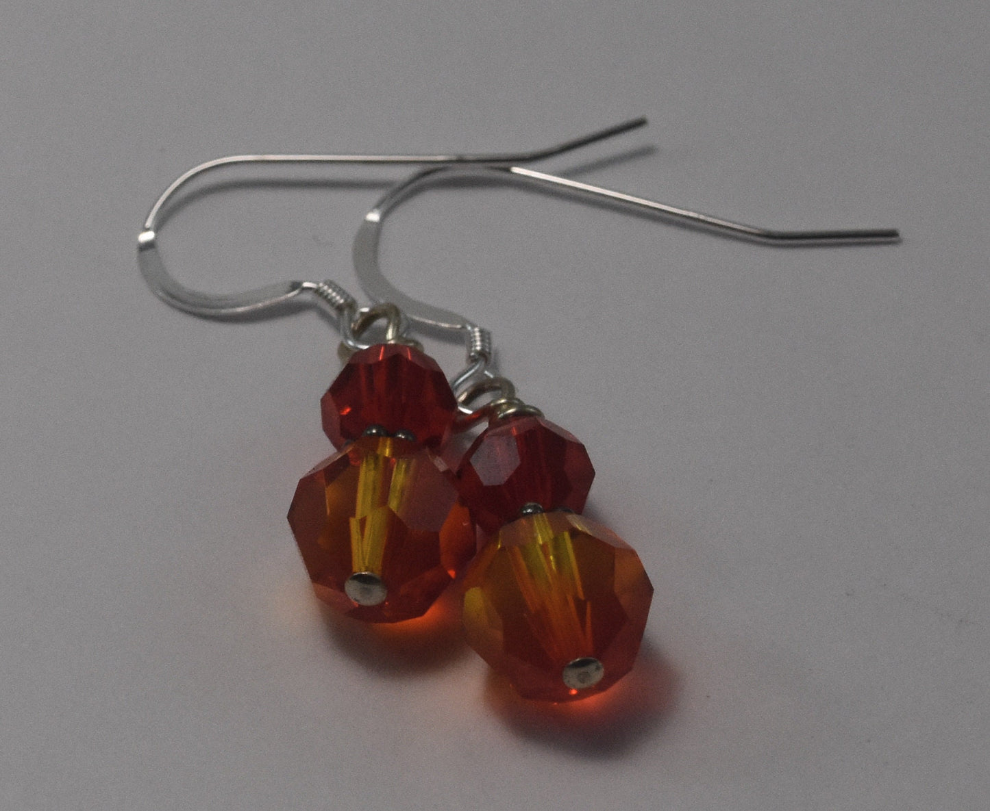 Fire Opal Crystal Earrings, Red and Orange, Crystal Beads, Sterling Silver, Dainty, Dangles, Handmade, 3/4"