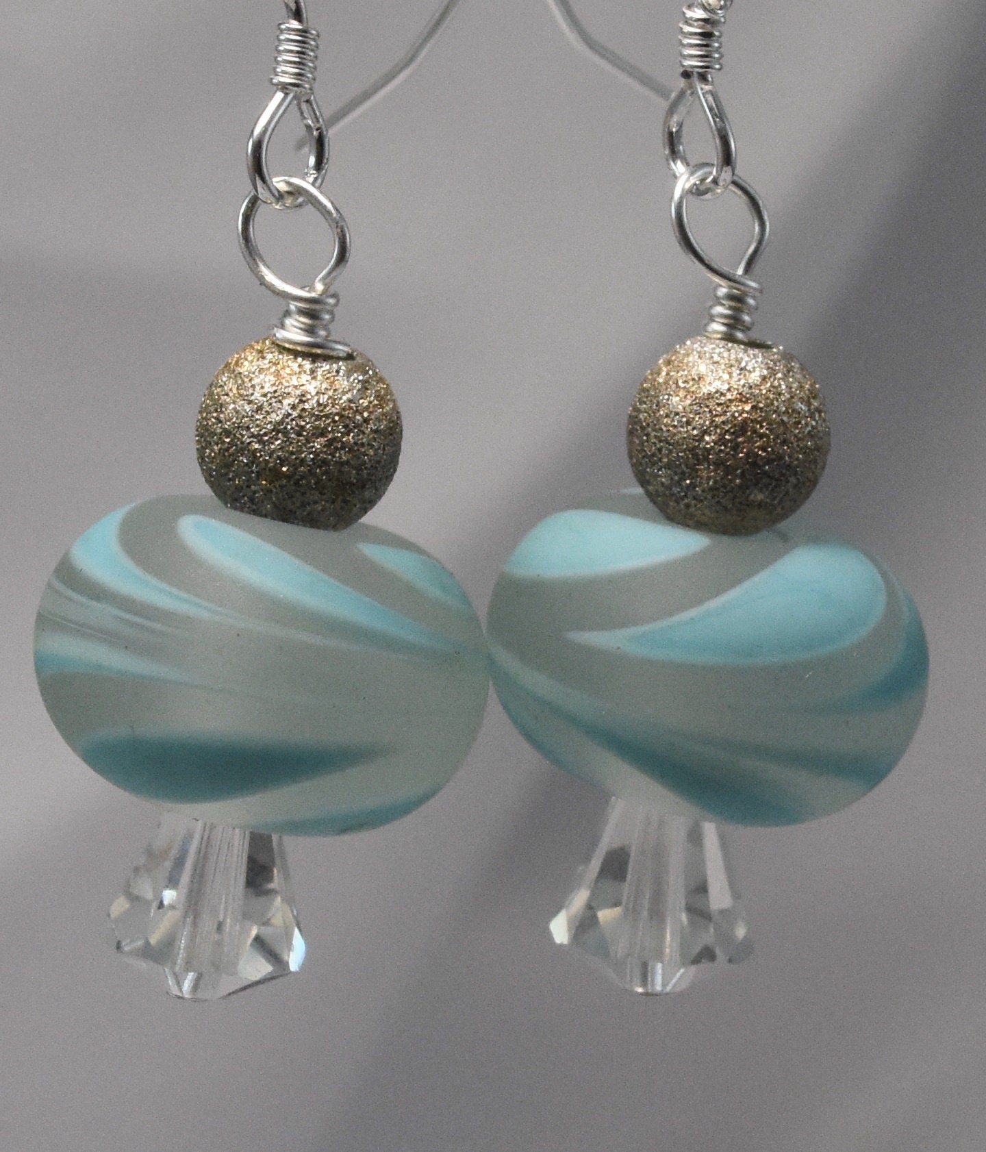 Blue Lampwork Earrings, Lampwork Beads, Stardust Beads, Crystal, Sterling Silver French Hook, Wire Wrapped, 1"