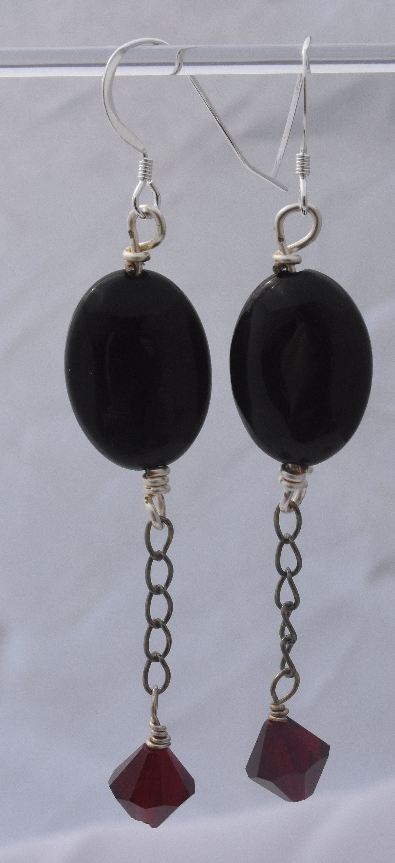 Black Agate Chain Earrings, Blood Red Crystals, Gothic Black Dangles, Sterling Silver Ear Wires, 2" Dangles