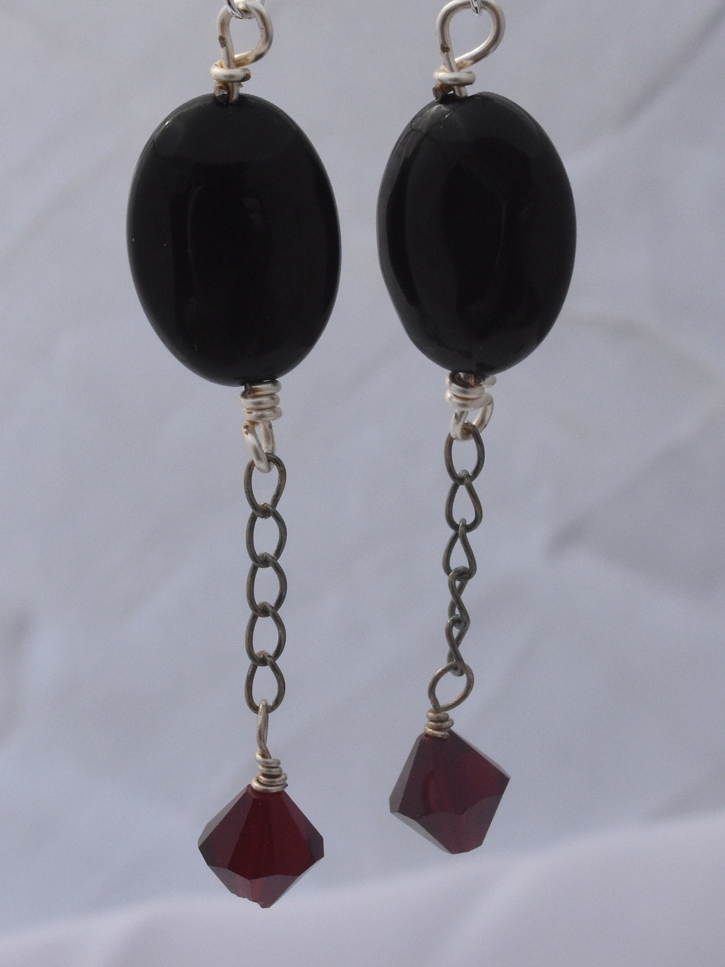 Black Agate Chain Earrings, Blood Red Crystals, Gothic Black Dangles, Sterling Silver Ear Wires, 2" Dangles