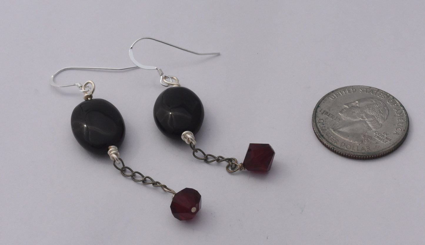 Black Agate Chain Earrings, Blood Red Crystals, Gothic Black Dangles, Sterling Silver Ear Wires, 2" Dangles