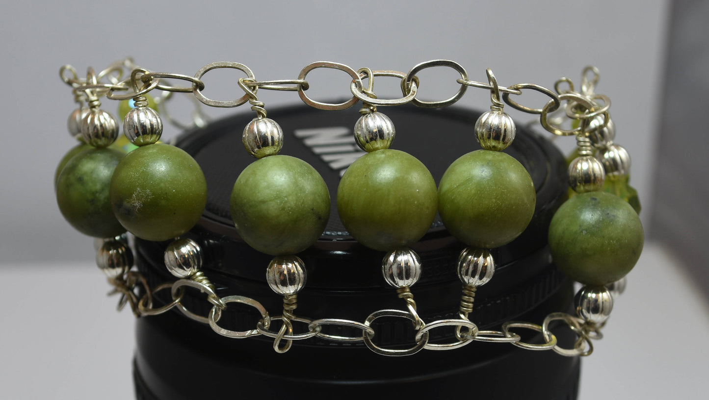 Olivine Gemstone Bracelet, Green Crystal Beads, One of A Kind Jewelry, Sterling Silver Chain, 7"