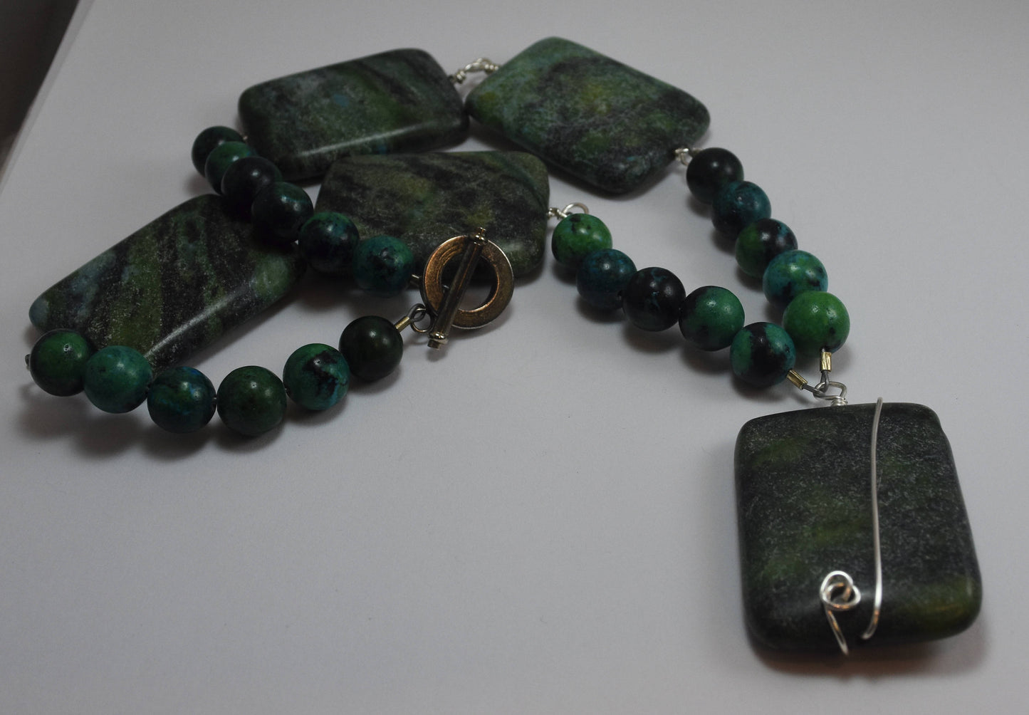 Chrysocolla Necklace, Wire Wrapped, Pendant Necklace, Sterling Silver, Semiprecious Beads 20"