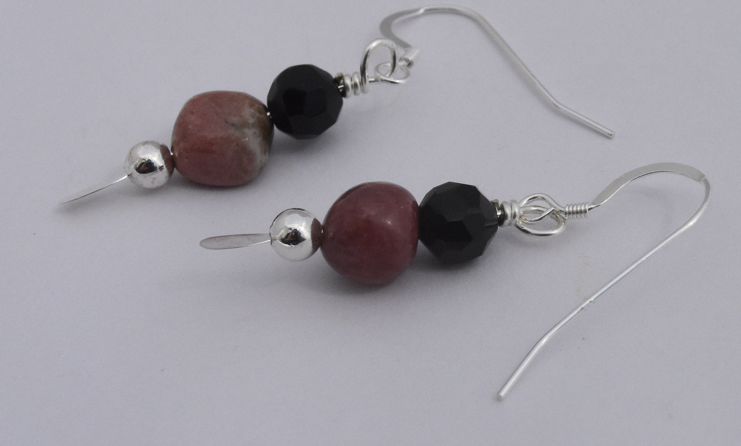 Rhodochrosite Earrings, Pink Dainty Dangles, Black Crystal Beads, Hand Wire Wrapped, SS Beads, Sterling Silver Ear Wires, 1" Drop
