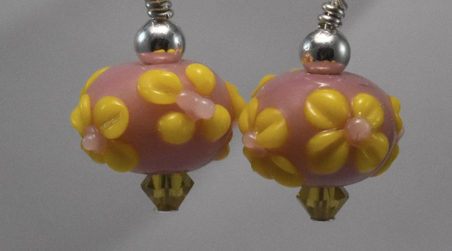 Lampwork Bead Earrings, Crystal Bicones, Yellow and Pink, Easter Dangles, Spring, Sterling Silver Ear Wires, 1" Dangles