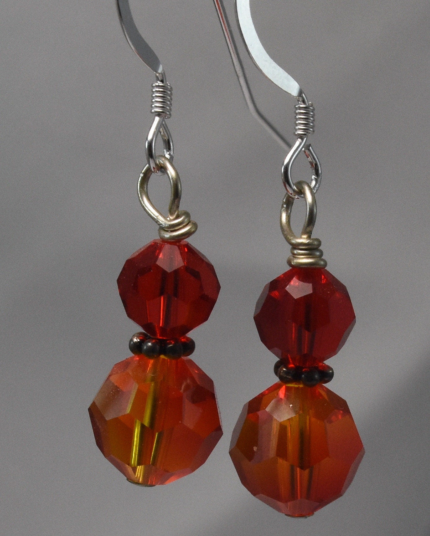 Fire Opal Crystal Earrings, Red and Orange, Crystal Beads, Sterling Silver, Dainty, Dangles, Handmade, 3/4"