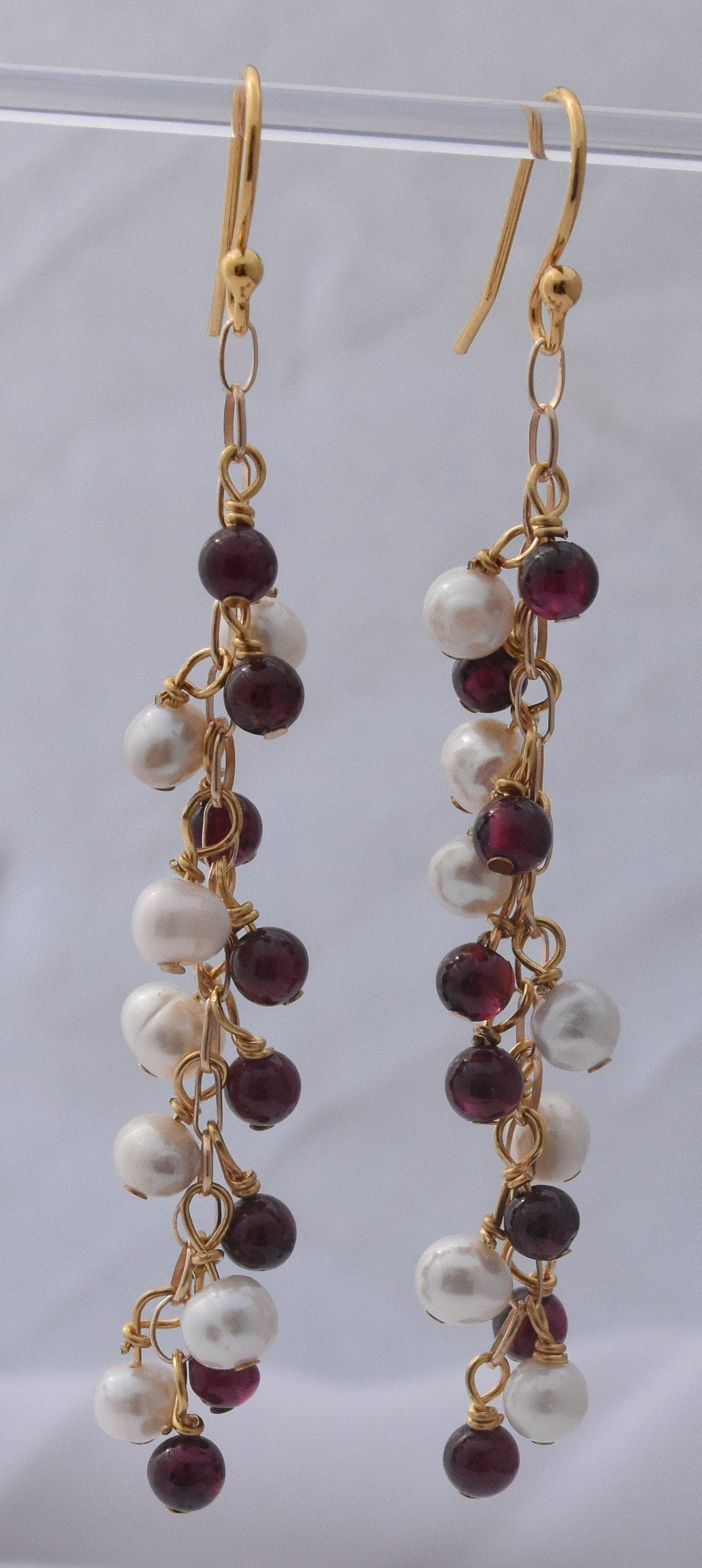 Pearl and Garnet Chain Earrings, GF Ear Wires, 2" dangles