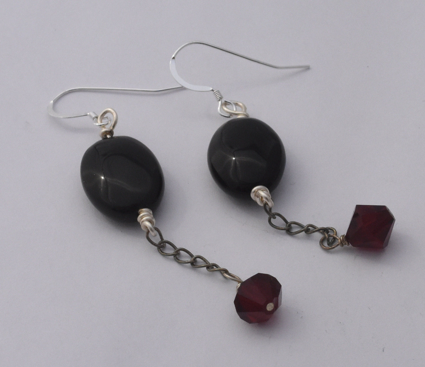 Black Agate Chain Earrings, Blood Red Crystals, Gothic Black Dangles, Sterling Silver Ear Wires, 2" Dangles
