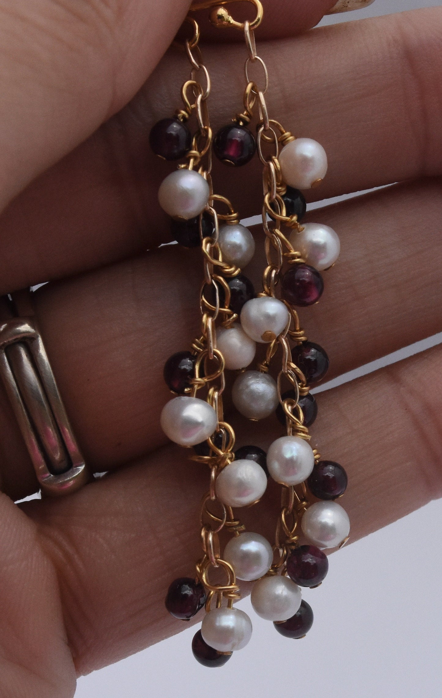 Pearl and Garnet Chain Earrings, GF Ear Wires, 2" dangles