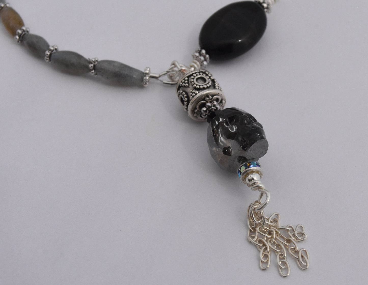 Skull Necklace, Sterling Silver Beads and Chain, Black Agate, Labradorite, Gothic Skull, 16"