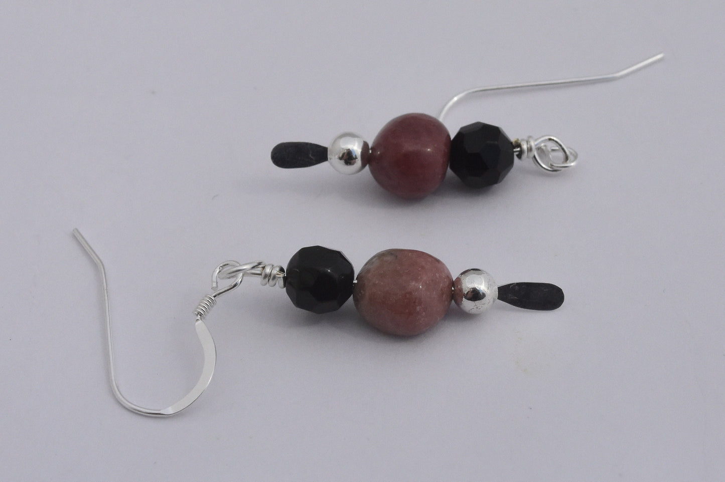 Rhodochrosite Earrings, Pink Dainty Dangles, Black Crystal Beads, Hand Wire Wrapped, SS Beads, Sterling Silver Ear Wires, 1" Drop