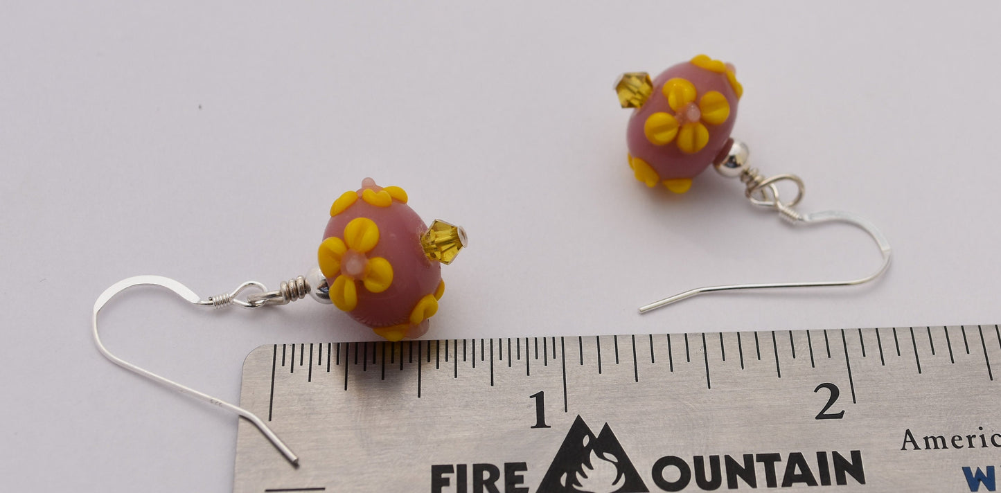 Lampwork Bead Earrings, Crystal Bicones, Yellow and Pink, Easter Dangles, Spring, Sterling Silver Ear Wires, 1" Dangles