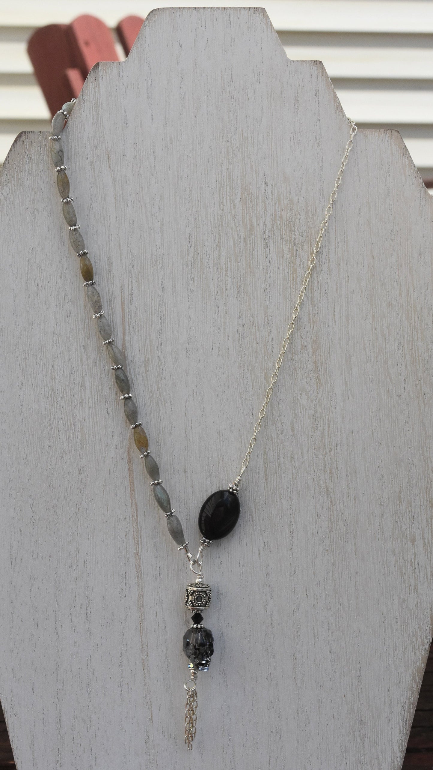 Skull Necklace, Sterling Silver Beads and Chain, Black Agate, Labradorite, Gothic Skull, 16"