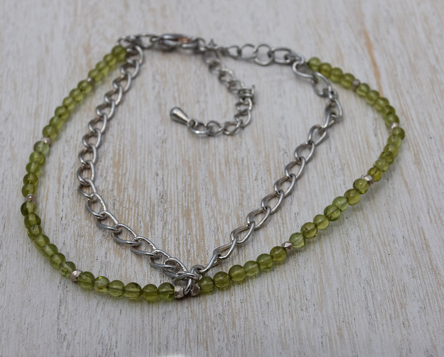Gemstone Bracelet, Peridot, Green Beads, Chain, Silver, Adjustable 8.5"