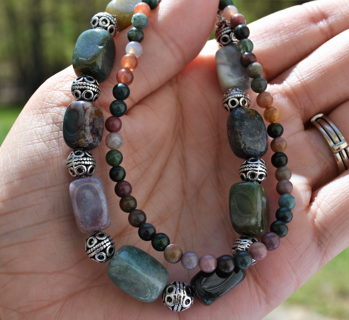 Boho Indian Agate Bracelet with Sterling Silver Toggle, 2 Strand, 7.5" Length