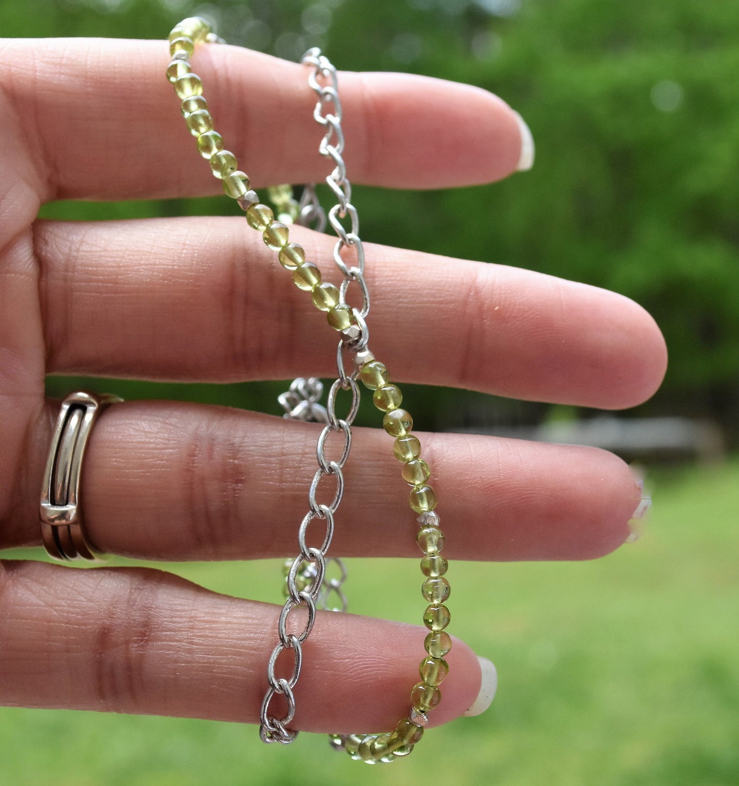 Gemstone Bracelet, Peridot, Green Beads, Chain, Silver, Adjustable 8.5"