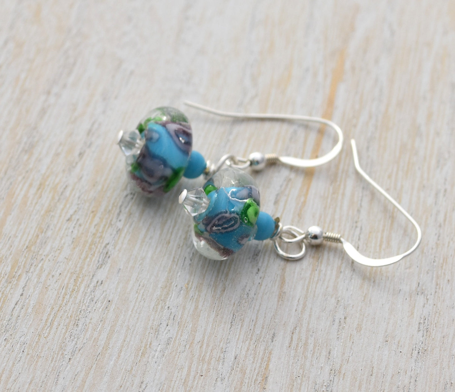 Flower Lampwork Earrings, Sterling Silver Ear Wires, Handmade, 1.25" Dangles