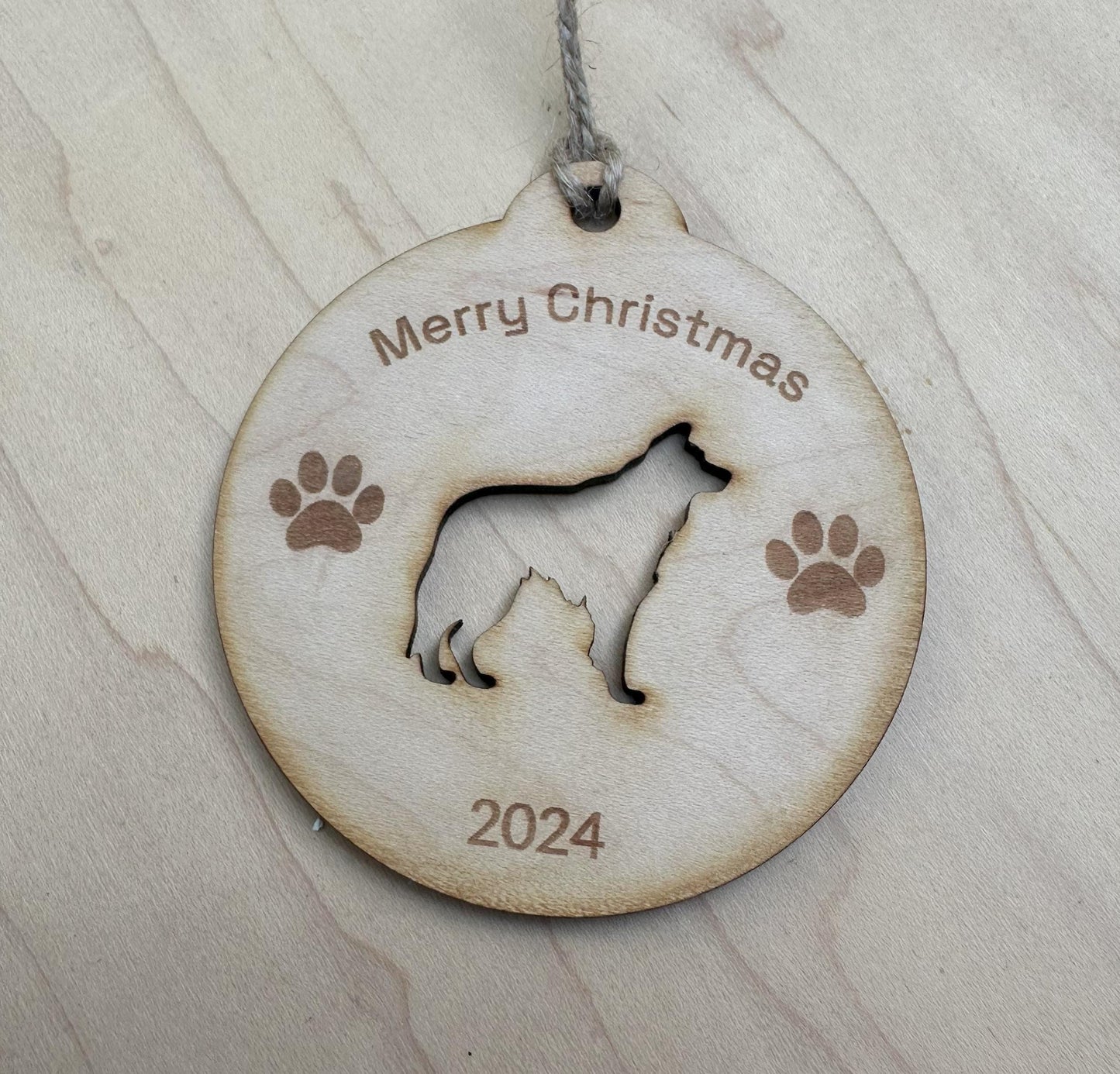 Personalized Dog Christmas Ornament, Maple Wood Laser Cut and Engraved