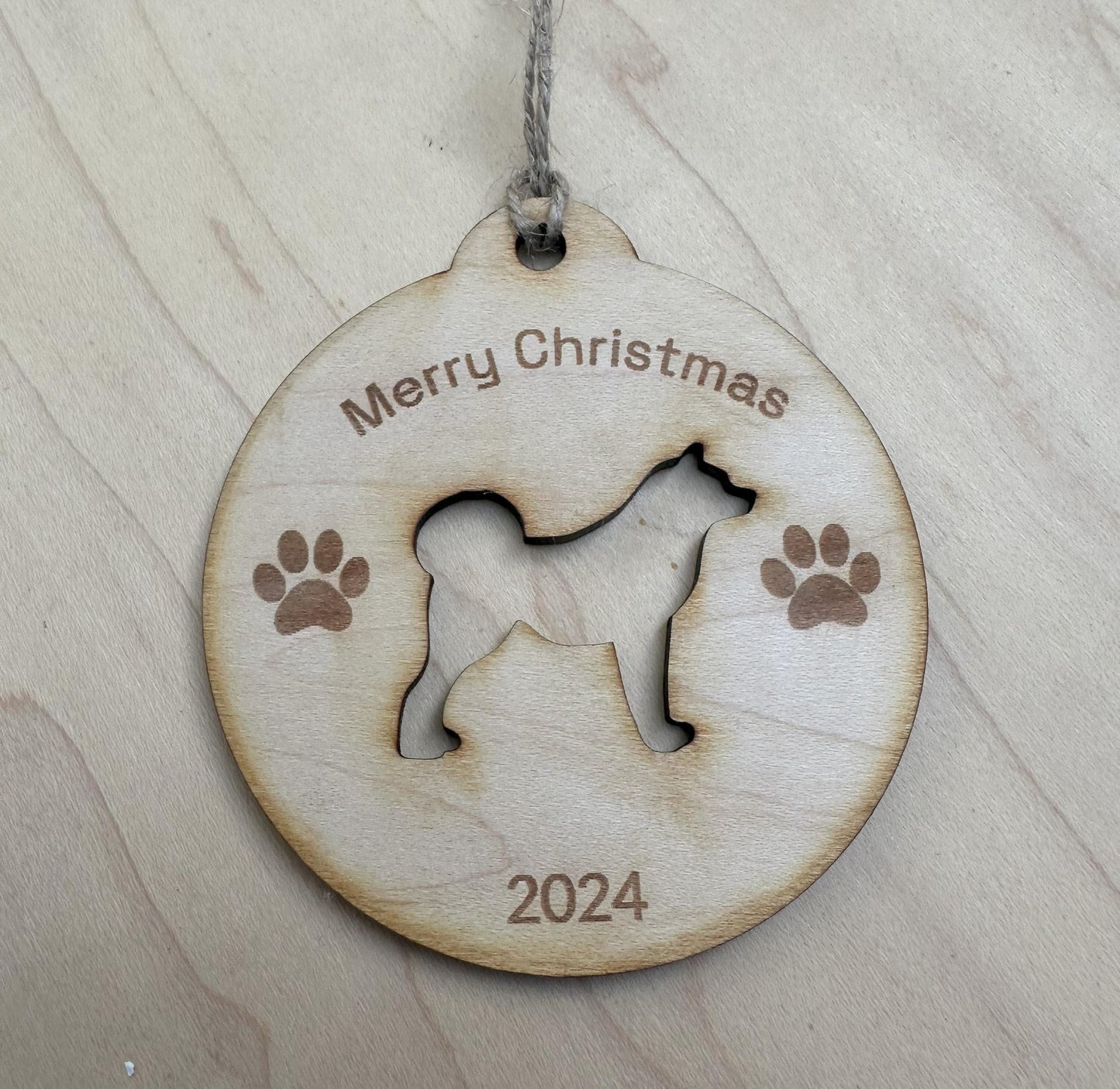 Personalized Dog Christmas Ornament, Maple Wood Laser Cut and Engraved
