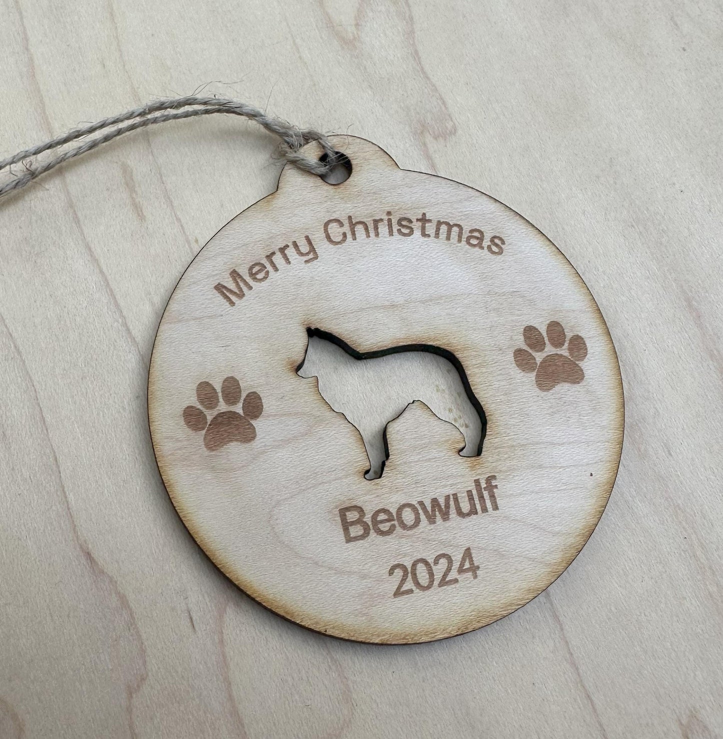 Personalized Dog Christmas Ornament, Maple Wood Laser Cut and Engraved