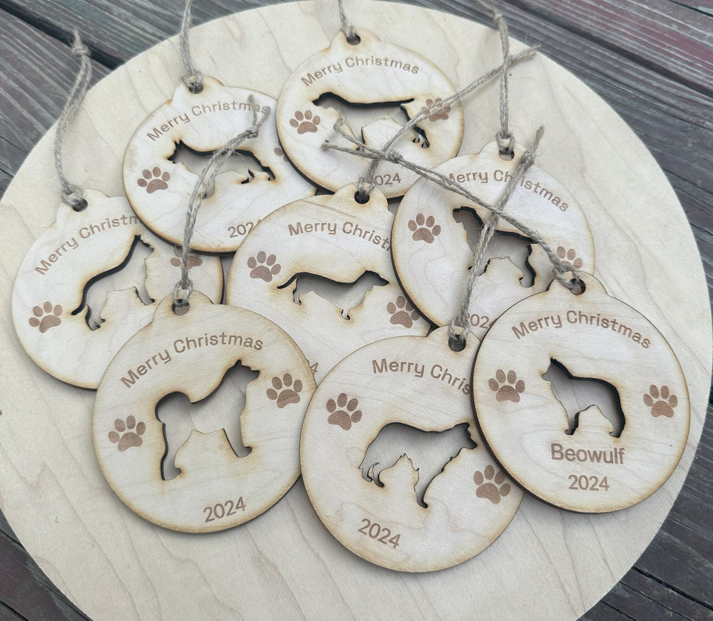 Personalized Dog Christmas Ornament, Maple Wood Laser Cut and Engraved