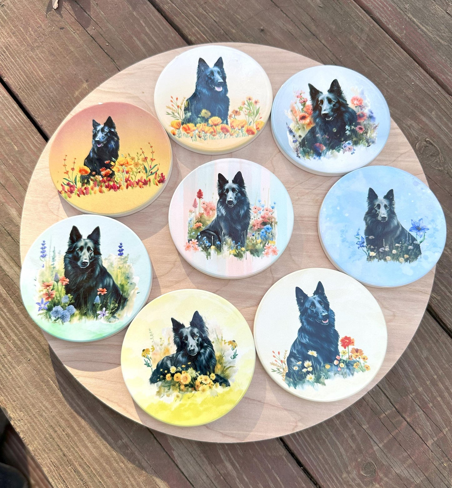 Set of Two Belgian Sheepdog Ceramic Coasters, Groenendael Decor