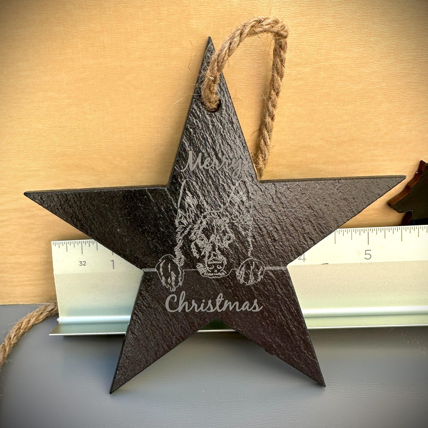 Peeking Belgian Sheepdog Slate Star Ornament