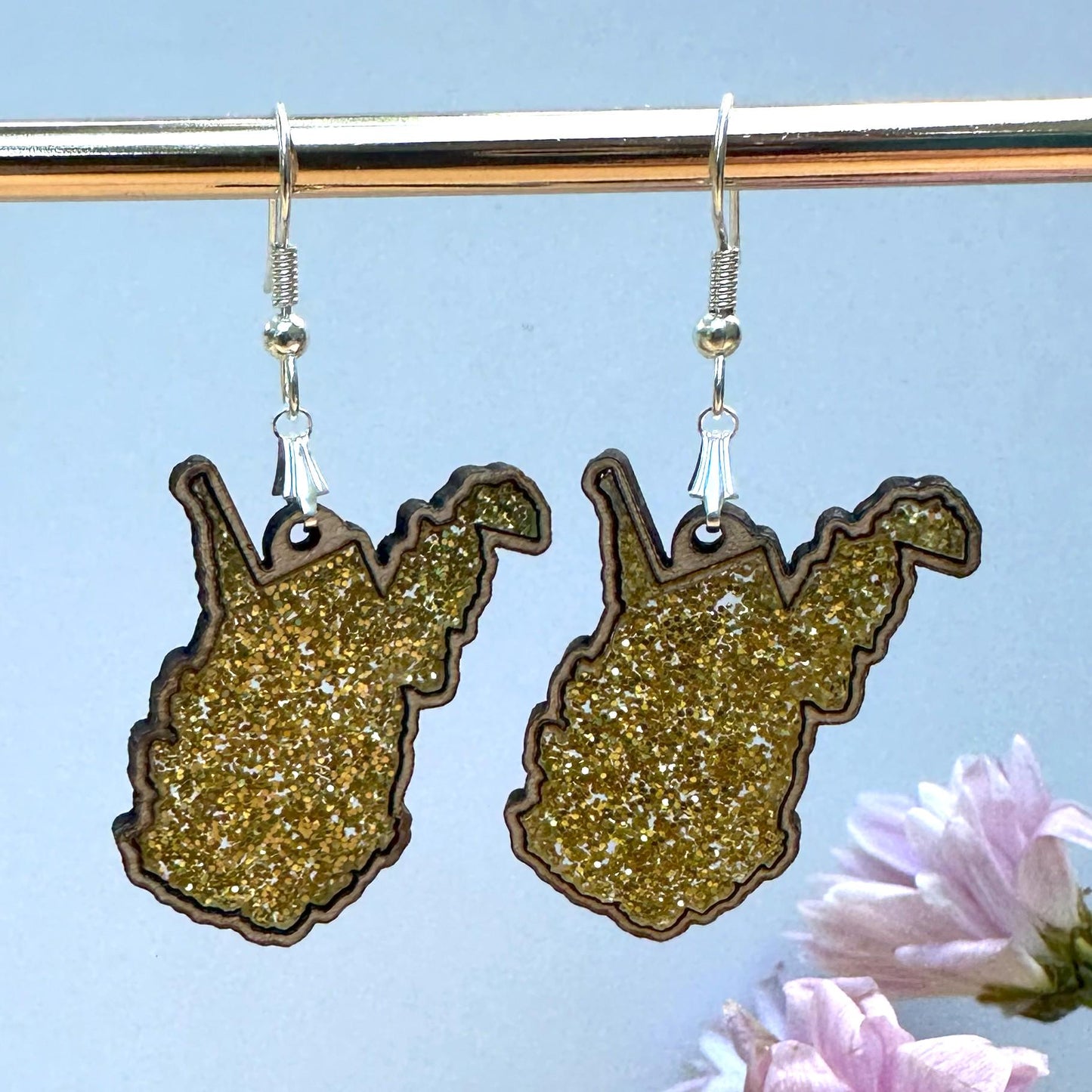 West Virginia Gold Glitter State Earrings, Acrylic Inlay