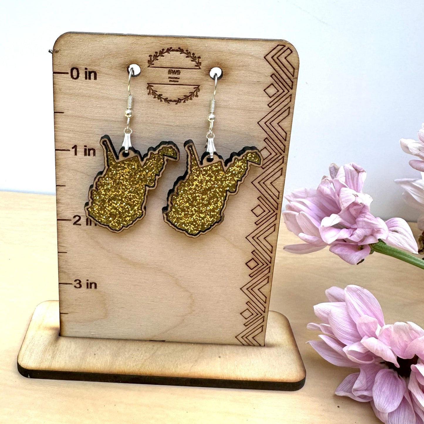 West Virginia Gold Glitter State Earrings, Acrylic Inlay