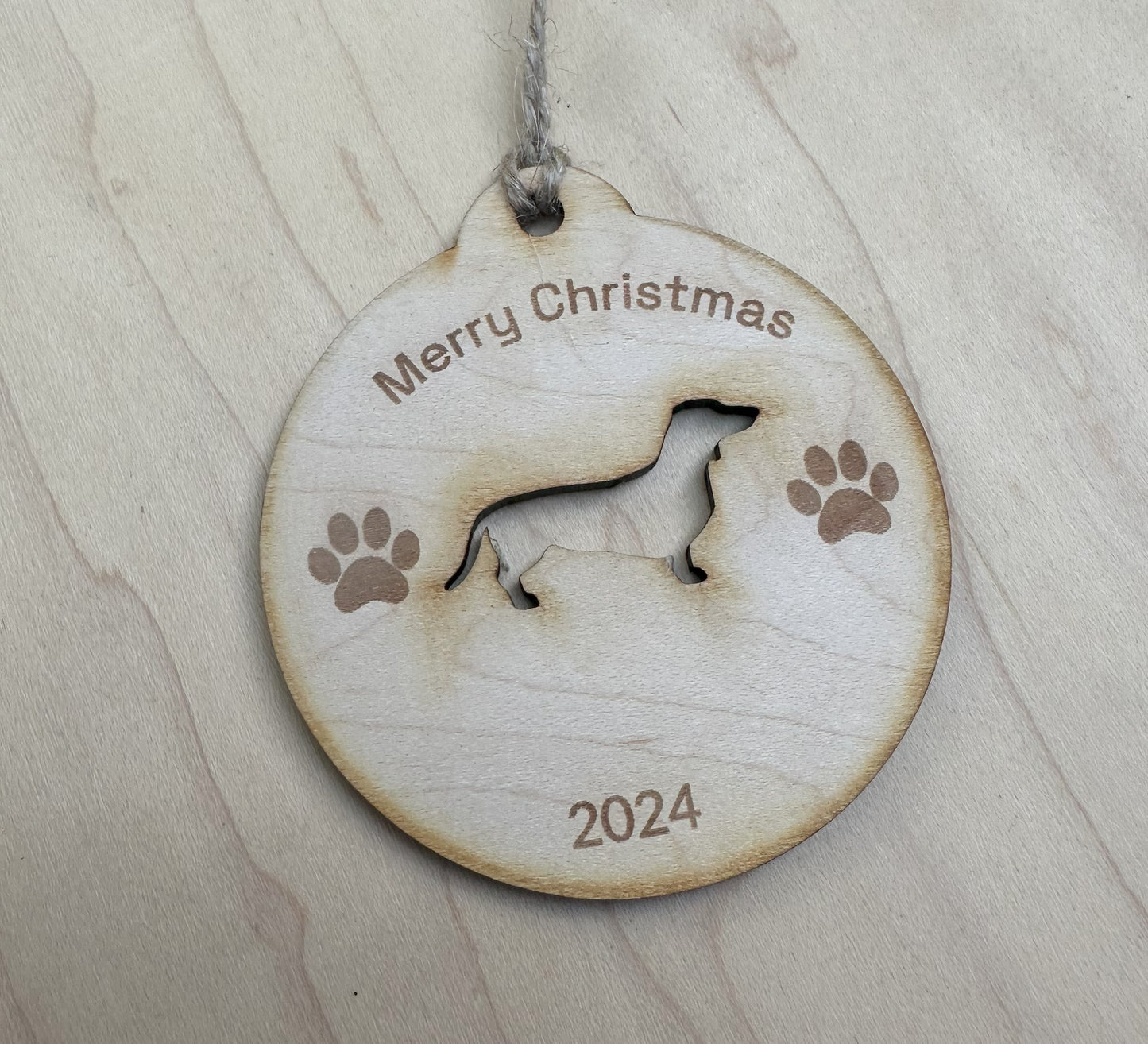 Personalized 2024 Dog Christmas Ornament, Maple Wood Laser Cut and Engraved