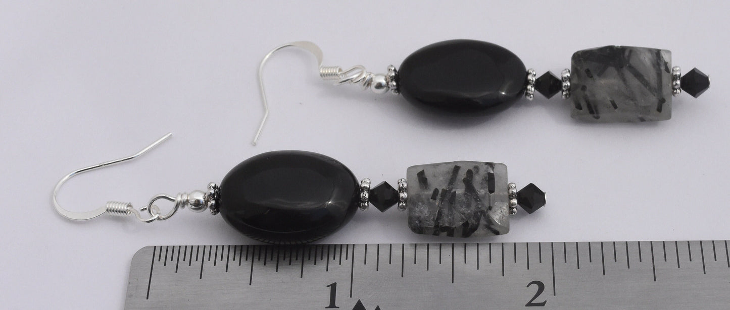 Black Agate and Banded Quartz Earrings