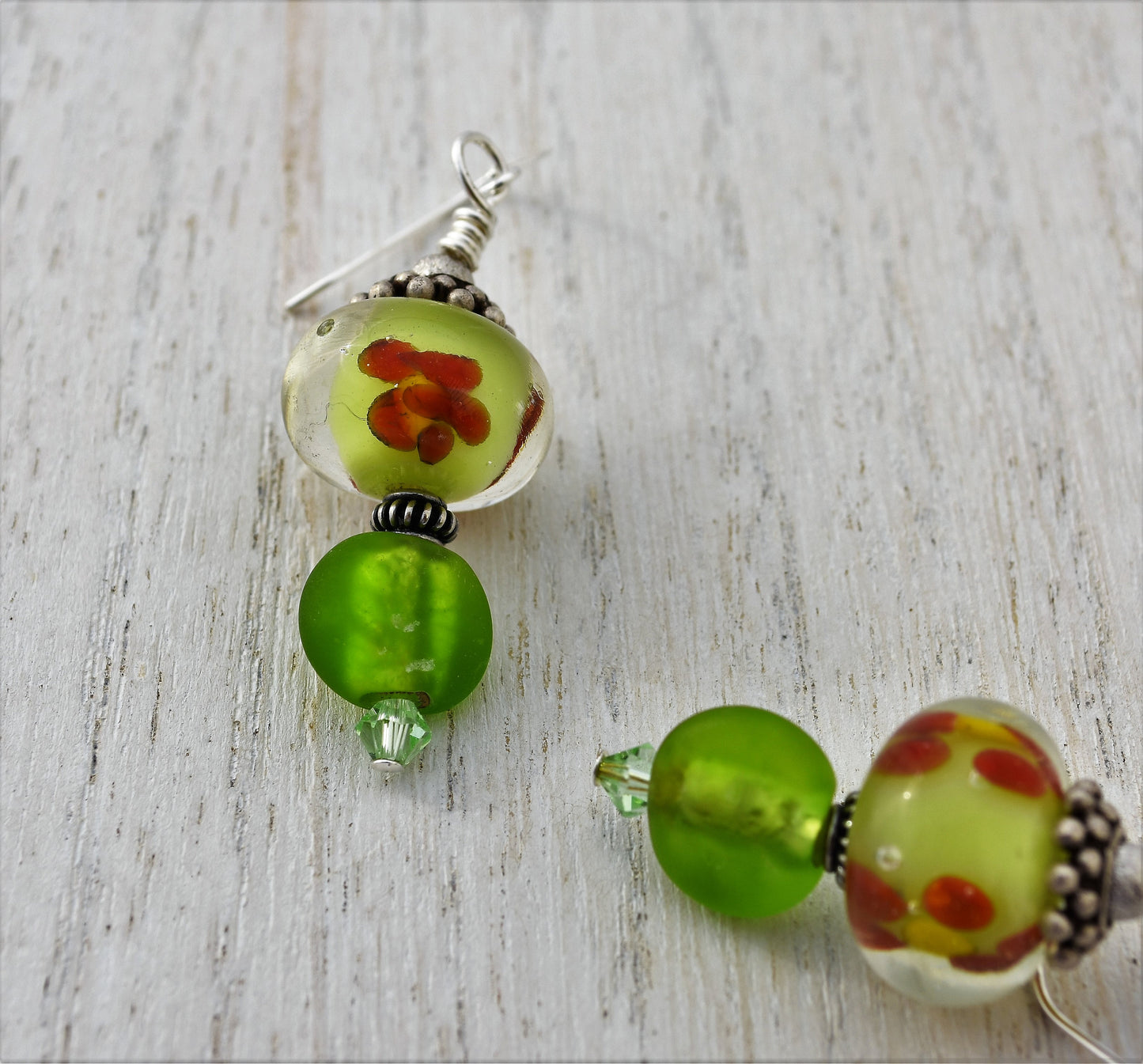 Lime Green Handmade Lampwork Earrings