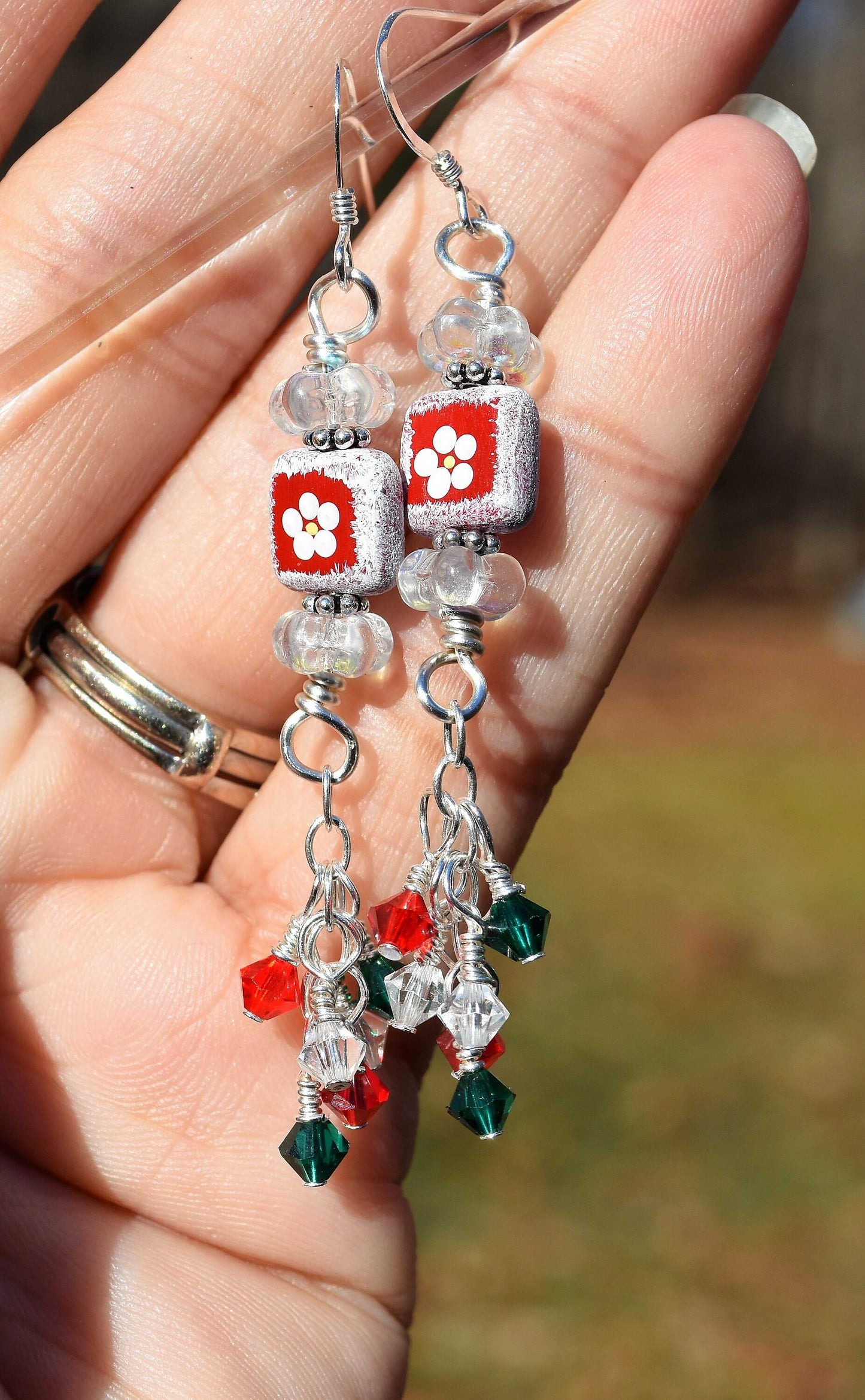 Hand Painted Bead Christmas Earrings