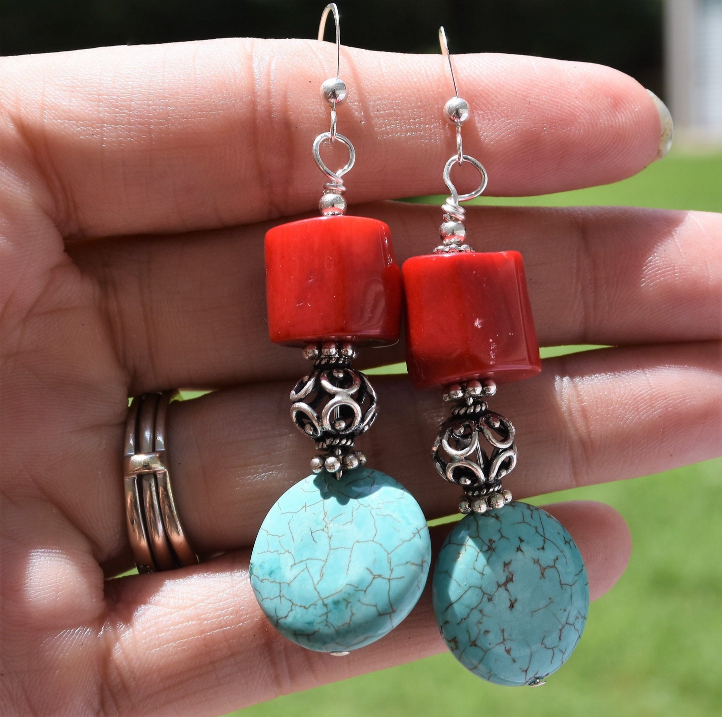 Turquoise Howlite and Coral Earrings