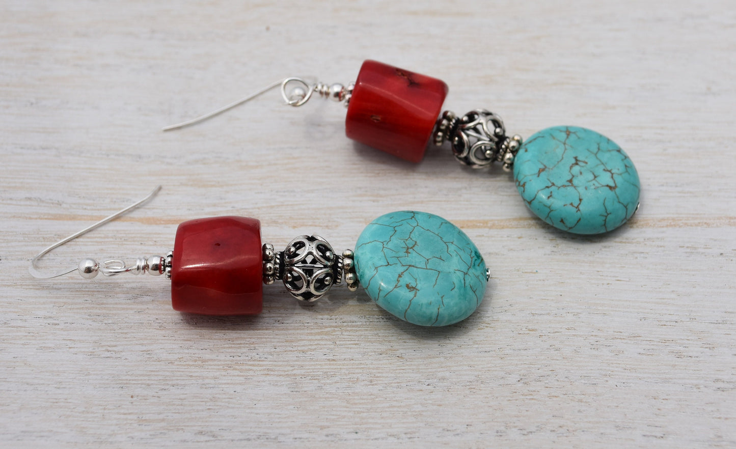Turquoise Howlite and Coral Earrings