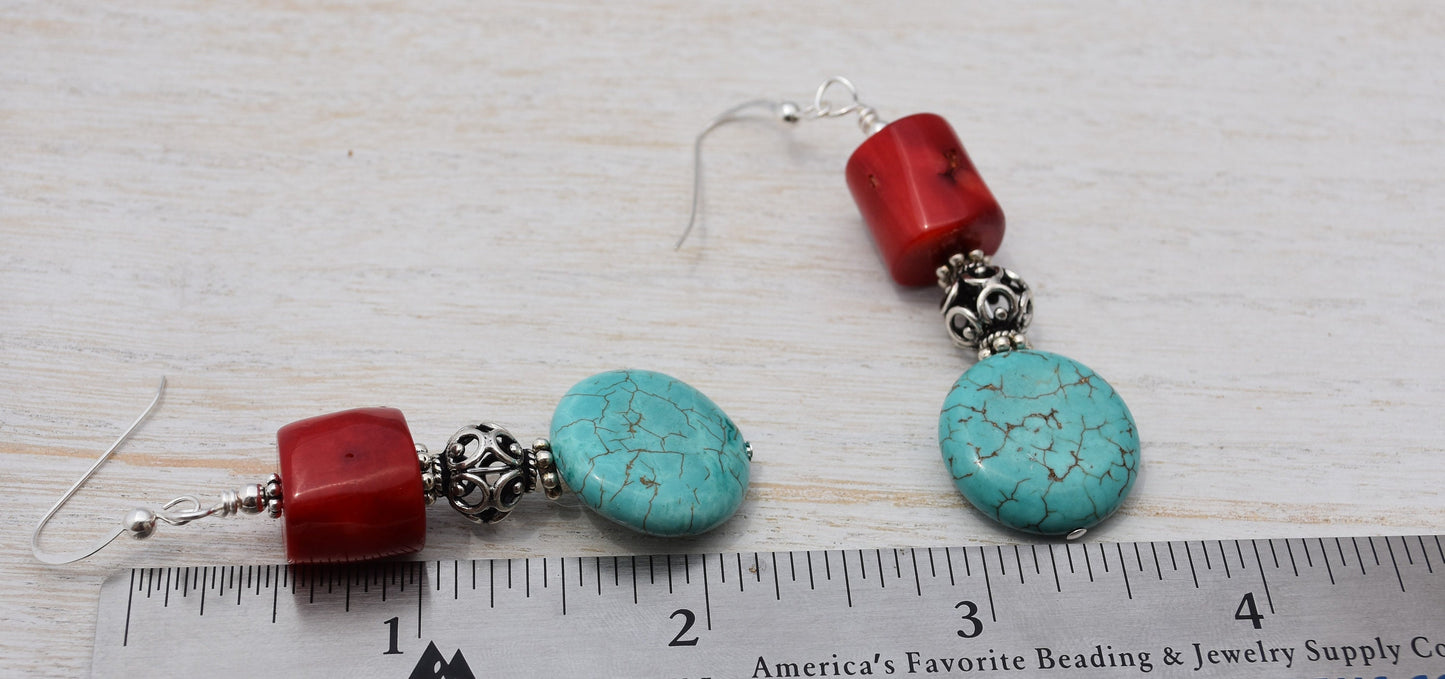 Turquoise Howlite and Coral Earrings