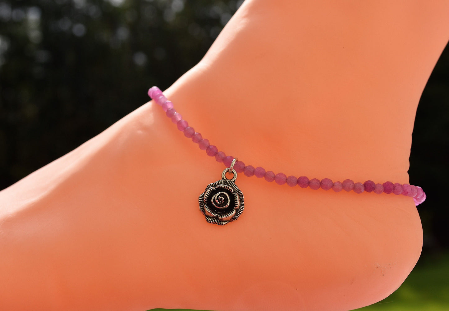 Pink Agate Bead Rose Ankle Bracelet