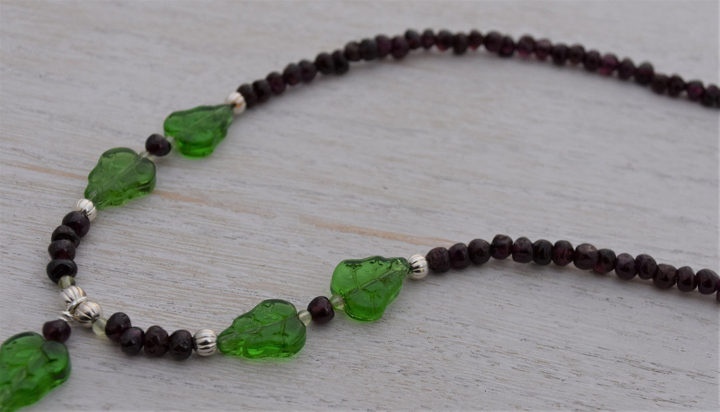 Garnet and Glass Leaf Necklace