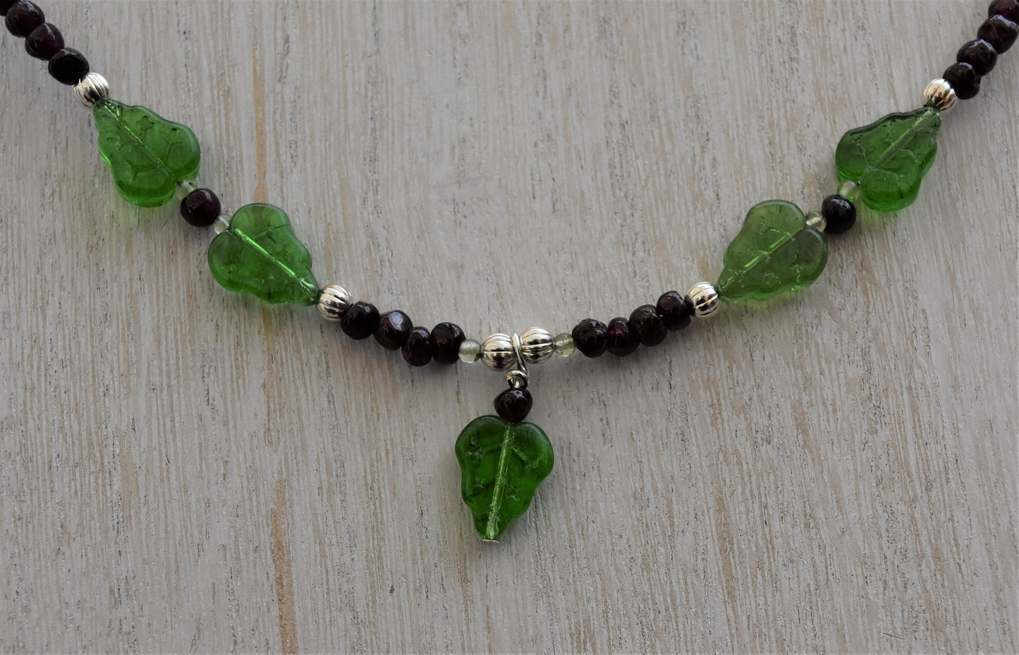Garnet and Glass Leaf Necklace
