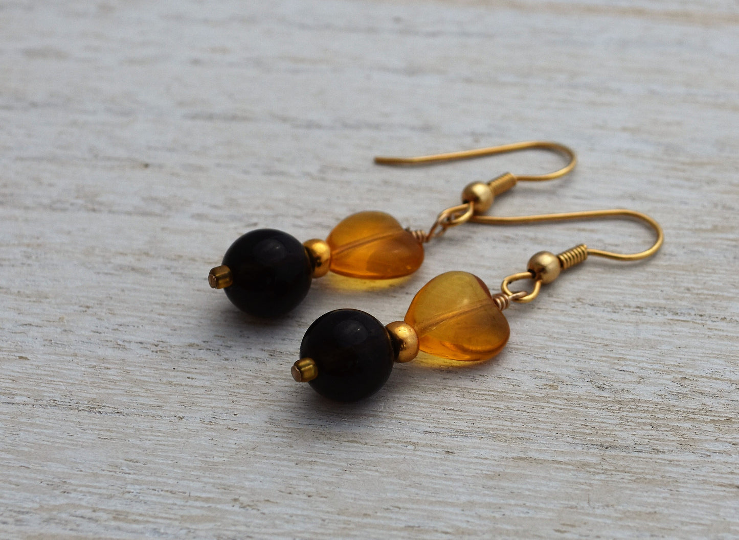 Czech Heart and Smokey Quartz Earrings