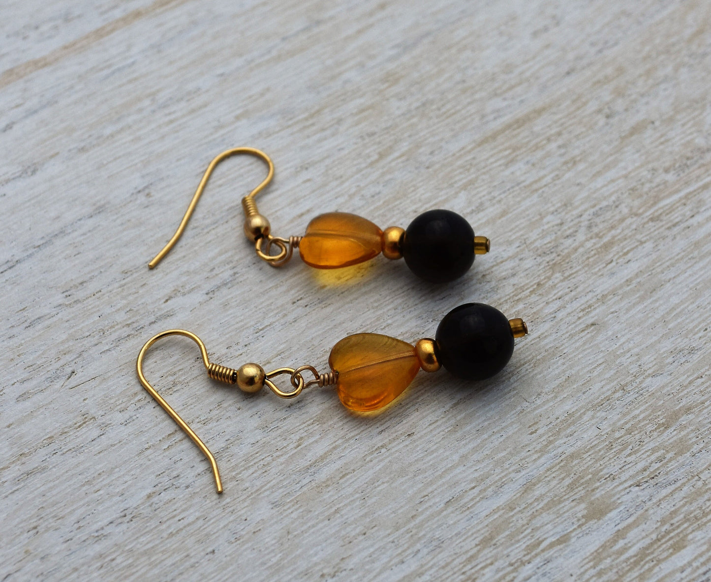 Czech Heart and Smokey Quartz Earrings