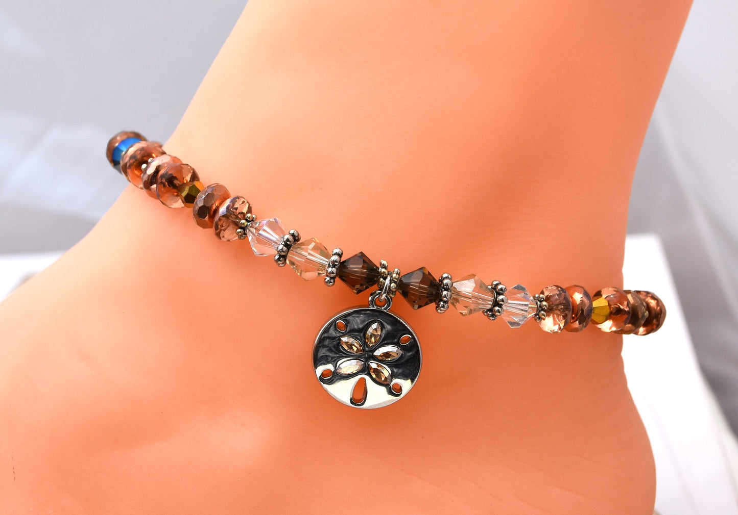 Adjustable Sand Dollar and Crystal Ankle Bracelet