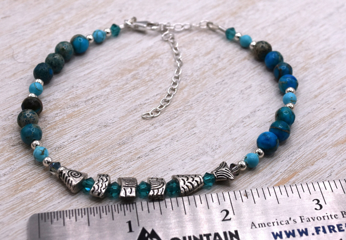 Adjustable Blue Agate Fish Bead Ankle Bracelet, Sterling Silver